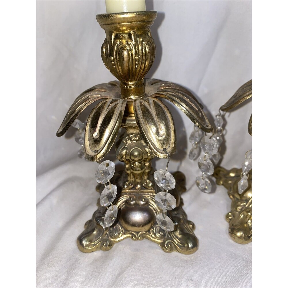 Vintage Hollywood Regency Style Ornate Gold Cast Metal Candlestick Holders Pair - Picture 2 of 11